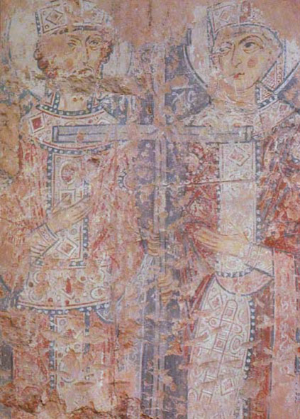 Св. Константин и Елена. XI в. Фреска Мартириевской паперти собора Св.Софии, Новгород